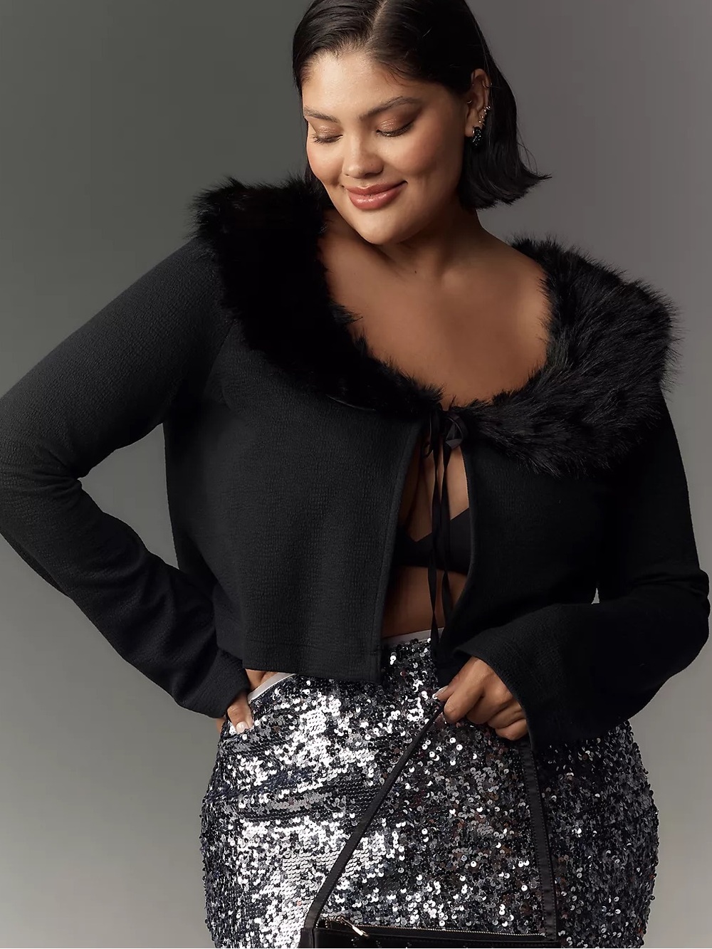 Anthropologie Maeve Faux Fur Collar Crop Cardigan Black Sweater Tie Front XS
